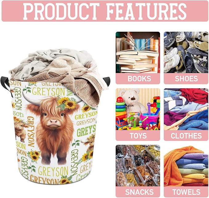 Highland Cow Laundry Basket,Personalized Laundry Hamper for Boys Girls,Custom Laundry Basket With Name, Customized Dirty Clothes Hamper for Bathroom Bedrooms,S-16.5"X 13.8"