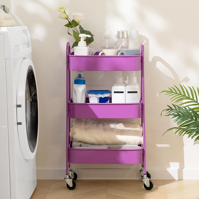 AGTEK 3 Tier Utility Rolling Cart with Lockable Wheels, Metal Multifunctional Storage, Organizer Cart for Kitchen, Office, Living Room, Makeup, Craft, Art Studio, Violet