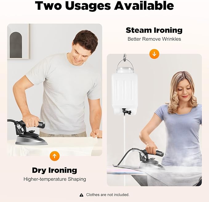 1200W Industrial Steam Iron with 0.79 Gal Tank - Commercial Garment Iron 140-428°F Adjustable, 110V for Dry Cleaners, Clothing Factory & Hotel Use