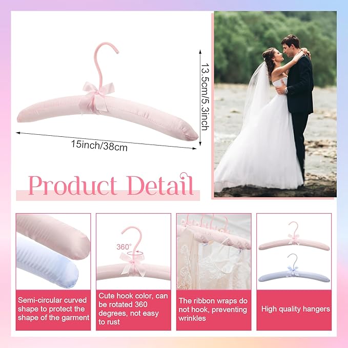 2 Pack 15 Inch Satin Padded Hangers Bride Groom Hangers for Wedding Dress Suit No Shoulder Bump Wedding Party Supplies (Pink and Blue)