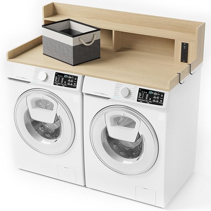 Upgraded 2-Tier Washer and Dryer Countertop with Power Outlet,54" W x 27.6" D Large Laundry Countertop for Fold Clothes, Laundry Topper with Non-Slip Pads & Metal Hooks and Storage Basket