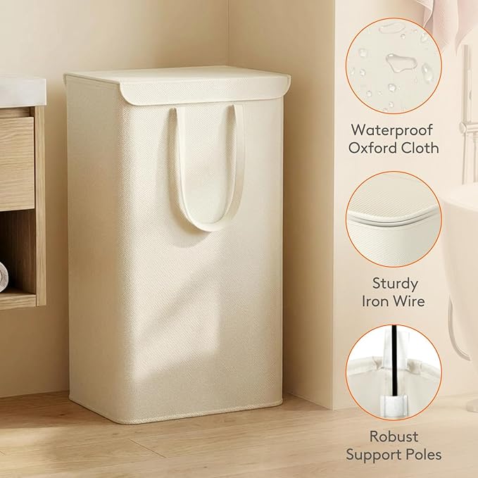 Lifewit 105L Laundry Hamper, Laundry Basket with Lid, Collapsible Clothes Storage with Easy Carry Handles, Thin Hampers for Bathroom Laundry Room Dorm, White
