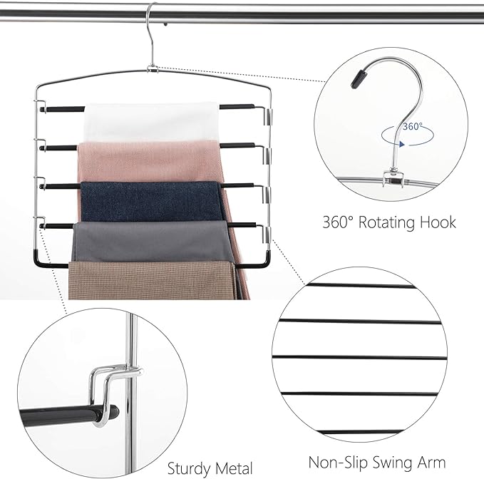FeeraHozer Pants Hangers Non Slip 6 Pack Space Saving Hangers Multi-Layer Swing Arm Pants Hanger Stainless Steel Space Saver Hanger for Jeans Scarf Trouser Towel Clothes (Black)