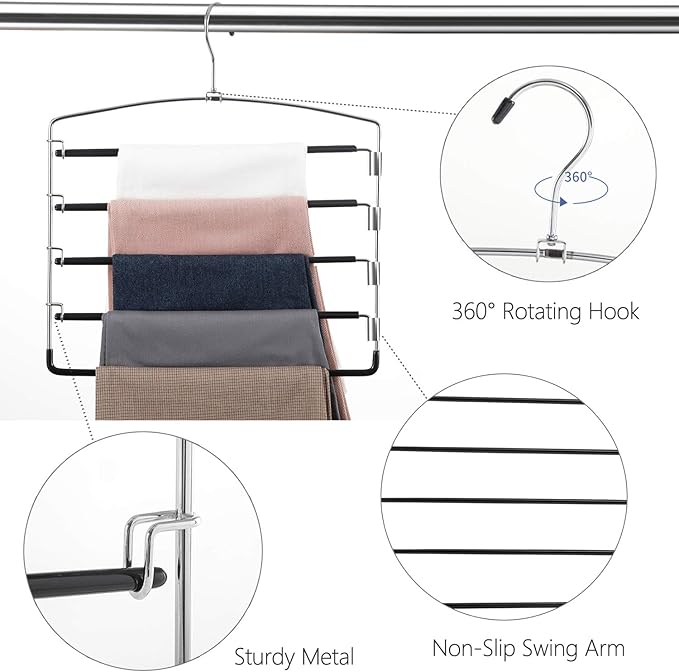 FeeraHozer Pants Hangers Non Slip 3 Pack Space Saving Hangers Multi-Layer Swing Arm Pants Hanger Stainless Steel Space Saver Hanger Closet Storage Organizer for Jeans Trouser Slacks Clothes (Black)