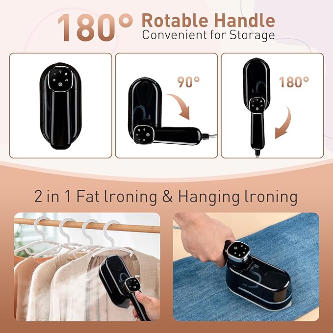 Travel Steamer for Clothes， 4-Speed Steam Adjustable Handheld Iron with LCD Display Screen, 5S Rapid Preheating 1300W Clothes Hanging Ironing Machine, Suitable for Home, Dormitory & Travel (Black)