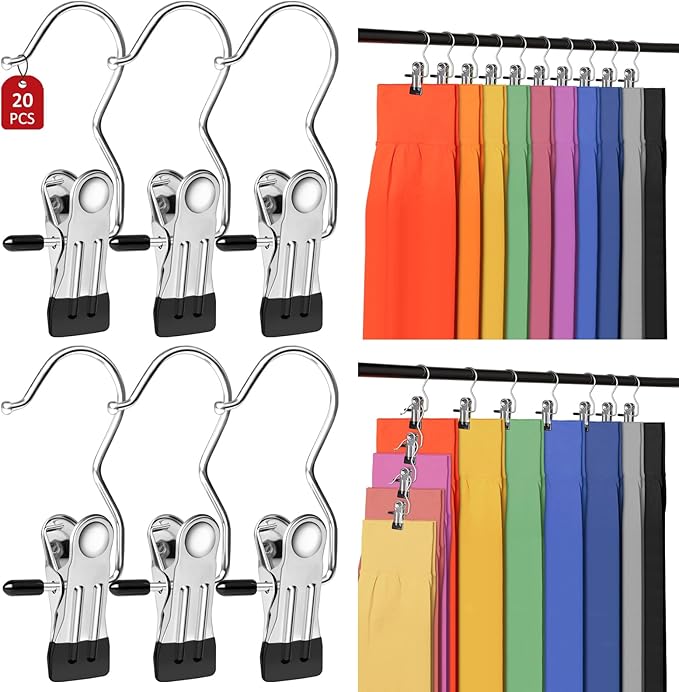 20 Pack Pants Hangers for Closet, Leggings Organizer Metal Clips with Rubber Coated, Holds Pants, Hat, Space Saving Closet Organizers and Storage