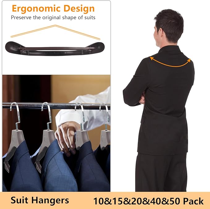 DEDU Suit Hangers for Men 15 Pack, Brown Coat Hangers Extra Wide Non Slip Width 17.7", Thick Plastic with Pants Bar & Metal Hook