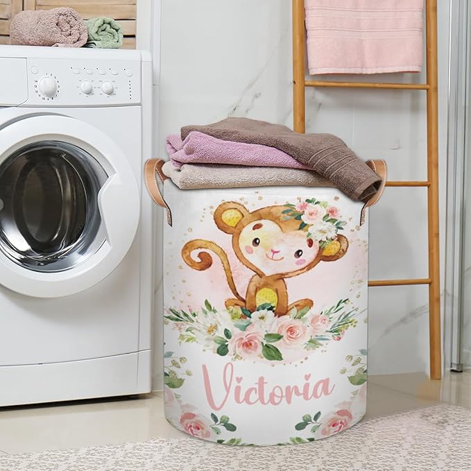 Personalized Laundry Basket, Custom Gift Laundry Hamper, Collapsible Nursery Waterproof Laundry Baskets, Dirty Clothes Toy Hamper with Handles Cute Girly Monkey