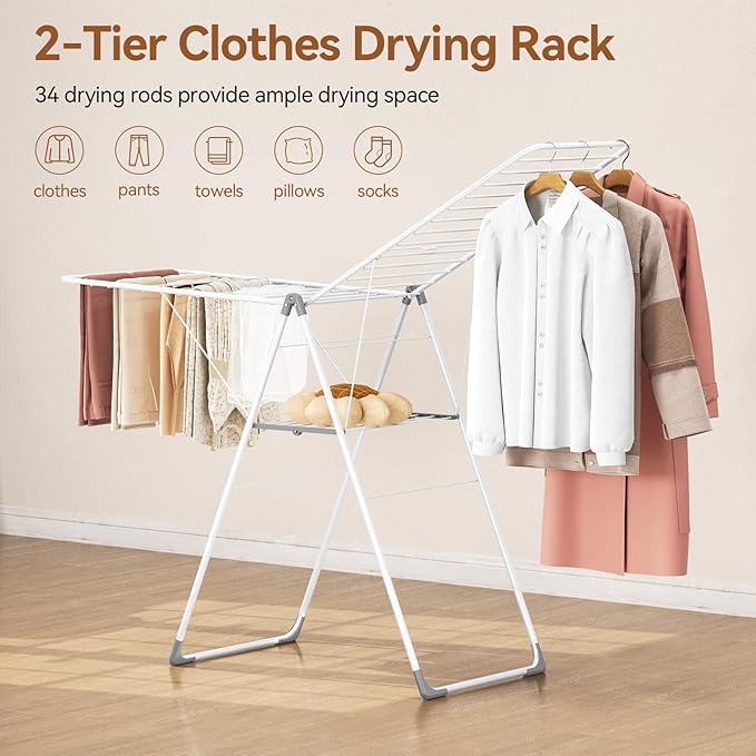 APEXCHASER Clothes Drying Rack, Foldable Drying Rack Clothing, Sturdy Metal Laundry Drying Rack, Height-Adjustable Gullwing, Easy to Fold, Space-Saving, for Indoor Outdoor, White