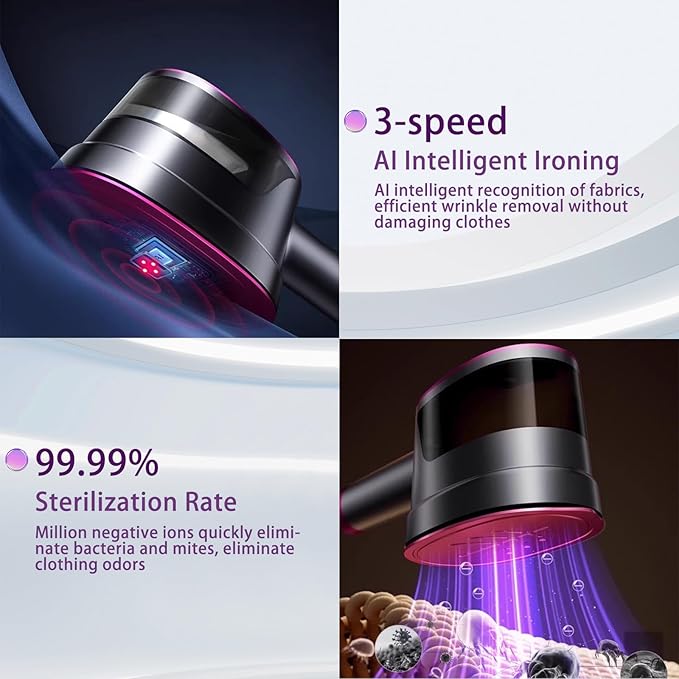 Travel Clothing Steamer, 1200W Handheld Portable Clothing Wrinkle Remover, 3+1 Steam Adjustable Intelligent Home Iron, 20S Preheating, 7 Hole Steam Outlet, Essential for Home, Travel & Dorm (Purple)