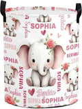 Large Custom Name Laundry Hamper, Elephant Personalized Dirty Clothes Hamper Storage Basket with Name for Bathroom Bedrooms, Customized Name Circular Hamper with Handles for Baby Boys Girls Men Women