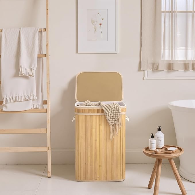 StorageWorks Laundry Hamper with Lid, Foldable Bamboo Laundry Basket, Clothes Hamper with Handles, Organizer and Storage for Laundry Room, Bedroom, Dorm, Natural