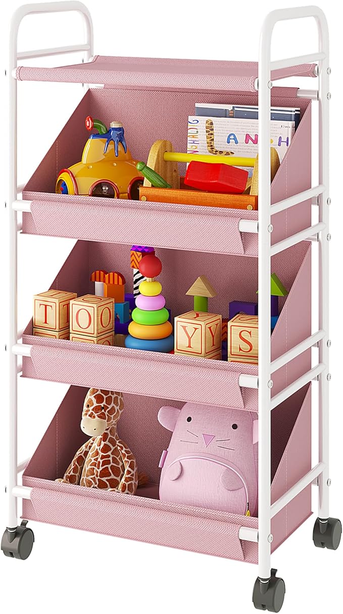 Buzowruil Utility Rolling Fabric Storage Rack Trolley Toy Cart Trolley with 3 Large Storage Boxes,Wheels, Suitable for Bedroom, Living Room, Entryway, Pink