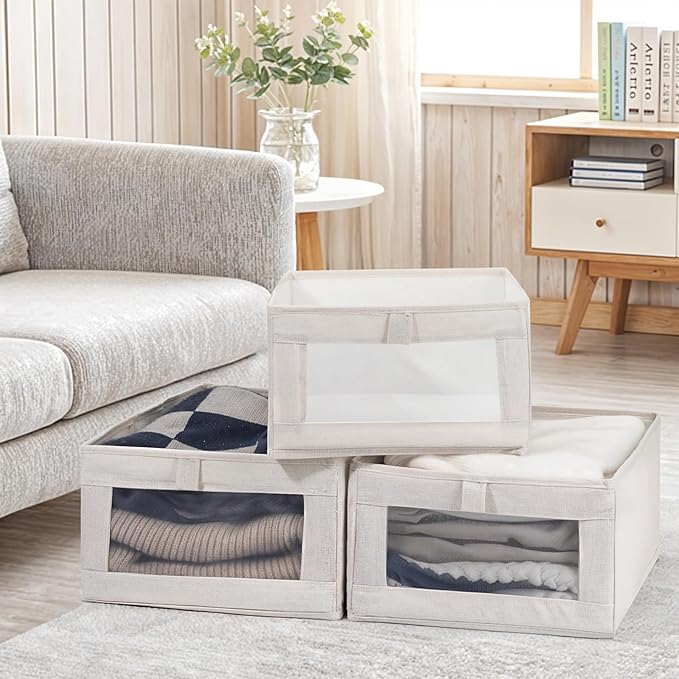4 Pack Linen Organizers and Storage, Closet Storage Bins Linen Closet Baskets for Organization Foldable Organizer Bins with Clear Window for Organizing Clothing, Beige