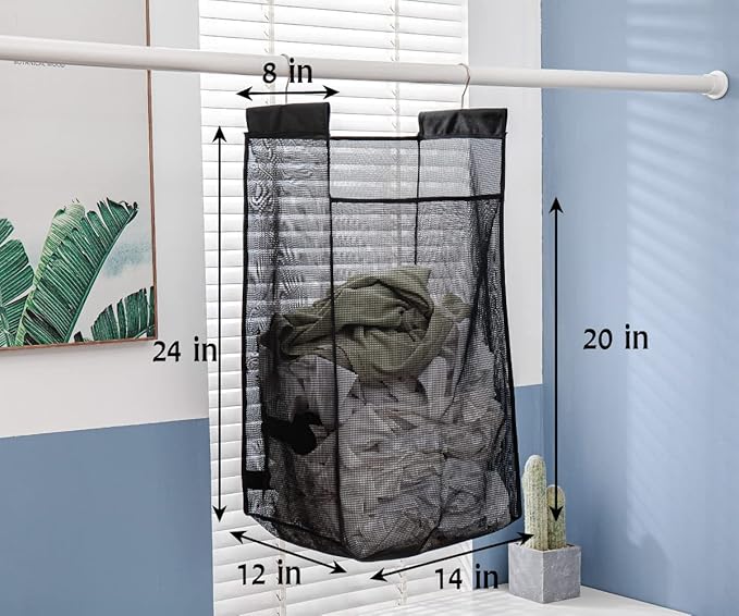 Jelier Hanging Breathable Mesh Laundry Hamper Basket,Portable Heavy Duty Hanging Laundry Bag with Two Hangers (black)