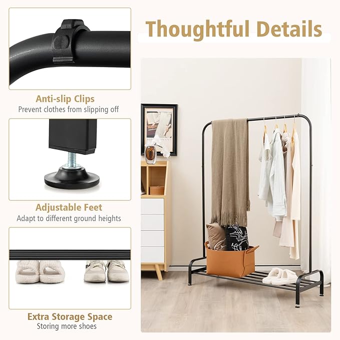Tangkula Metal Garment Rack, 44” Clothing Rack with Top Rod and Lower Storage Shelf, Adjustable Feet, Anti-slip Clips, Heavy Duty Clothes Hanging Garment Racks for Bedroom, Living Room, Black
