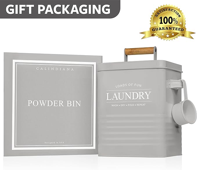 Calindiana Modern Farmhouse Metal Laundry Soap Dispenser Container Holder with Scoop for Laundry Room Decor and Space Saving Laundry Room Organization and Storage, Laundry Powder Container, Grey