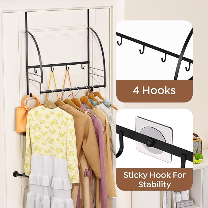 Over The Door Clothes Hanger Drying Rack, Over Door Drying Rack Hooks for Hanging Towels, Coats & Clothes, Door Hanger Organizer Storage for Bathroom Bedroom Laundry Dorms Washroom (Black)