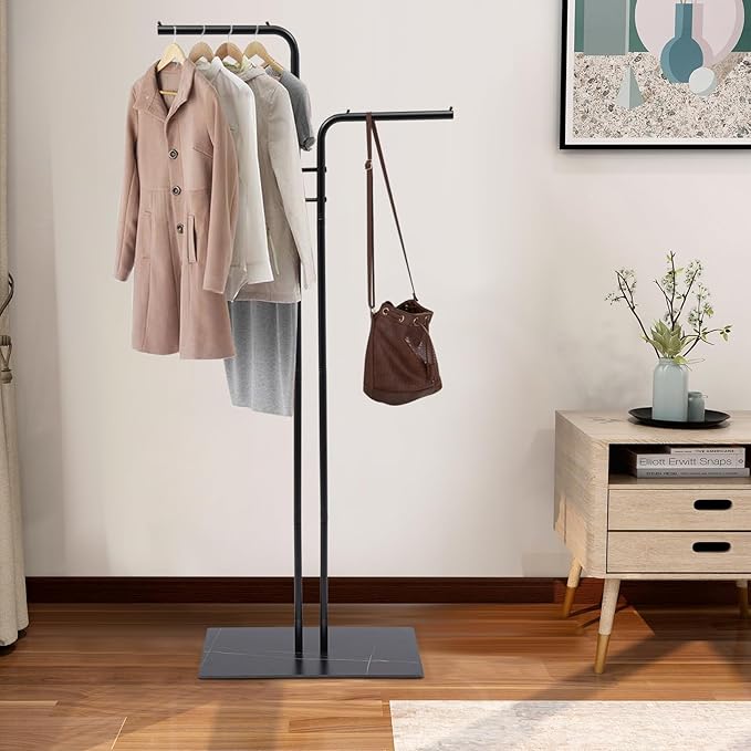 67in-Black Clothing Rack with Base, Double Rod Freestanding Coat Rack Hanging Clothes, Bags, Hat and Shoes for Entryway Bedroom Garment Organizer, Clothing Stores Boutique Retail, Studio
