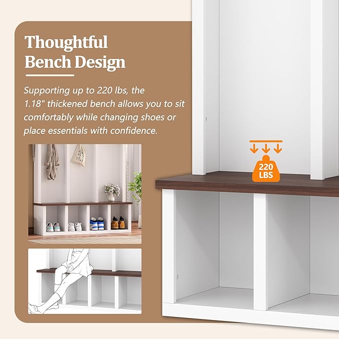 Farmhouse 59" Wide Hall Tree with 5 Black Hooks and Arched Design, Wood Grain Bench with Open Compartments, 4-in-1 Hallway Shoe Cabinet for Mudroom, Living Room (White-9.9)