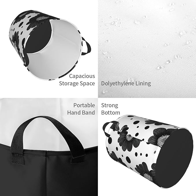 Black Floral Laundry Hamper, Collapsible Storage Basket with Handles for Clothes, Bedroom, Bathroom 19.6 x15.7 Inch