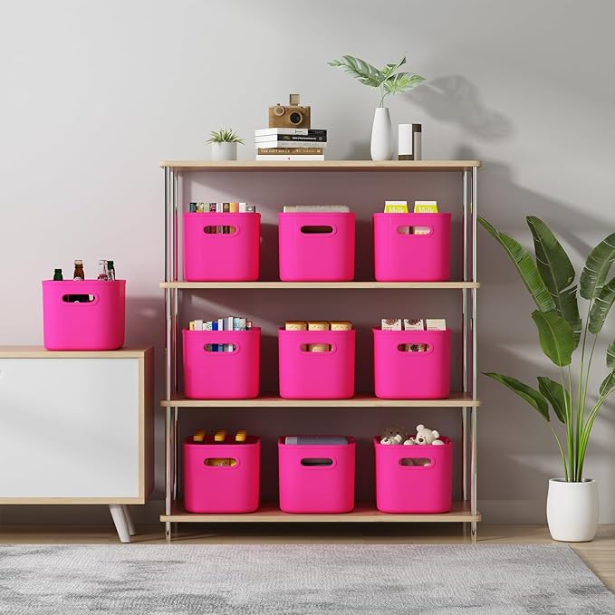 6 Pack Pink Storage Bins with Lids Stackable Storage Container for Organizing, Storage Boxes with Handle for Shelves, Cute Storage Bin for Craft, Snacks, 9.85x6.9x5.7 inch