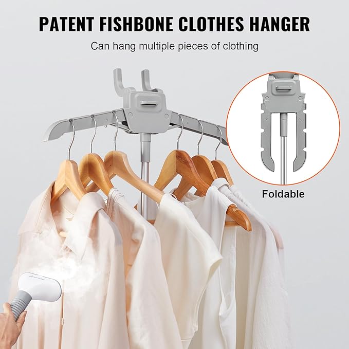 VEVOR Standing Steamer with Foldable Garment Hanger, 1.7L Water Tank for 90 Minutes Continuous Steaming, Heats in 45 Seconds & Auto-Stop with Fabric Brush Aluminum Rod and Easy-roll Wheels