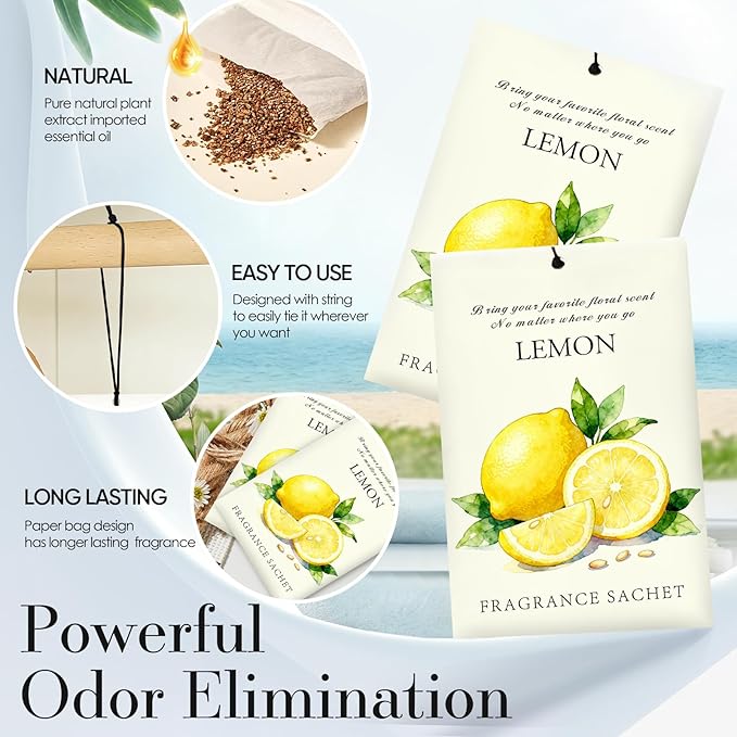 Lemon Scented Sachet Bags - 12 Pack Closet & Drawer Freshener, Long Lasting Odor Eliminator for Wardrobes, Cars & Storage, Home Fragrance Air Freshener Sachets