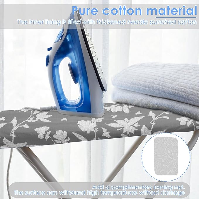Ironing Board Cover and Pad 19"x55" Extra Thick Natural Cotton, Iron Board Cover Fits Most Ironing Boards with retractable drawstring, Scorch and Stain Resistant Padding, Heavy Duty Elastic Edge