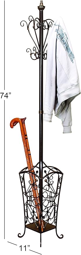 Deco 79 Metal Coat Rack Vintage Style with Scroll Designs, 11" x 11" x 74", Black