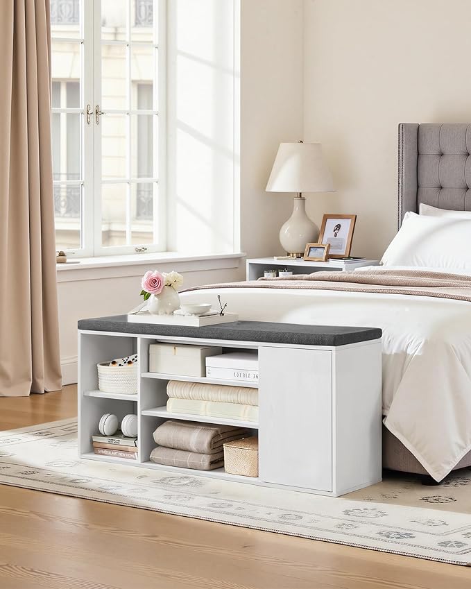 SONGMICS HOME Storage Bench, Superfast Toolless Assembly, 41" Wide Entryway Shoe Cubby Bench with Cushion & Adjustable Shelves, Window Shoe Rack Cabinet, Snow White and Slate Gray ULHS391WE02S