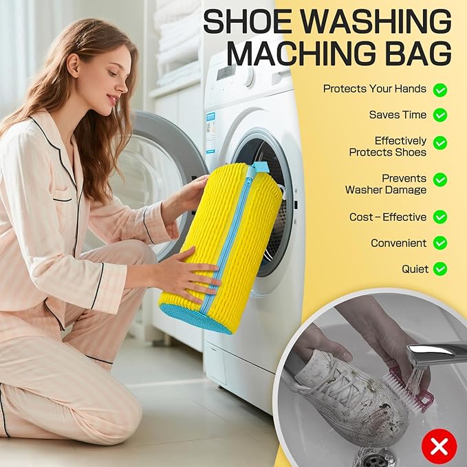 Shoe Washing Machine Bag,Reusable Laundry Cleaning bags for Washer and Dryer Fluffy Fibers 360° Wrap-Around Cleaning for All Shoes with Adjustable Shoe Trees & Dust-Proof Bag (Yellow 4Pcs)
