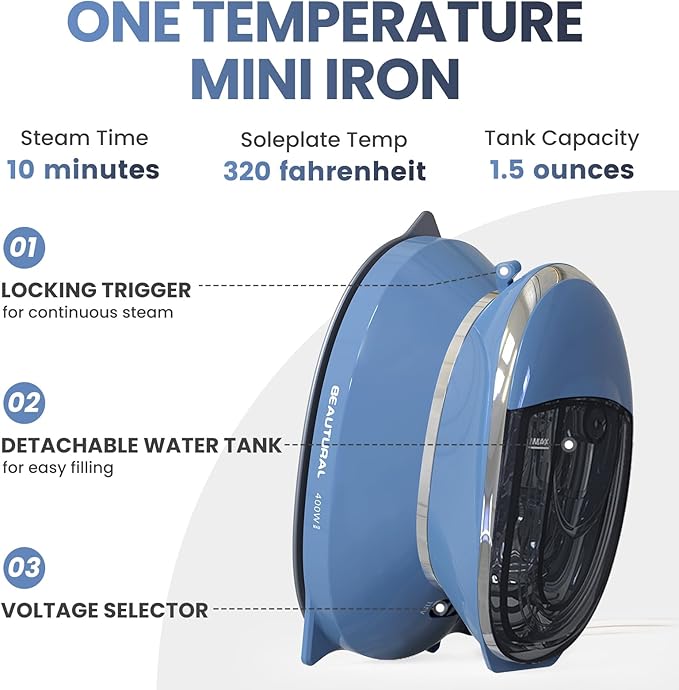 BEAUTURAL Mini Travel Steam Iron for Clothes with Dual Voltage, Non-Stick Soleplate, One Temperature Technology, Detachable Water Tank, Ideal for Sewing, Quilting and Handcraft