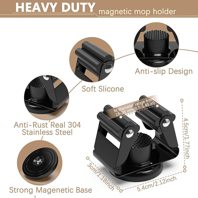 3-H Magnetic Broom Holder with Strong Magnetic Hook 16 Pack,Broom Holder Wall Mount for Garage Garden Shed Storage System Laundry Room Home Kitchen Organization(Black)