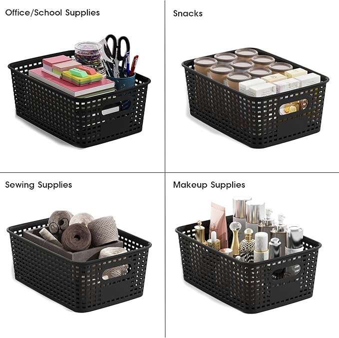 Plastic Storage Basket with Lids 12 Pack Stackable Black Storage Bins Containers with Lid, Decorative Storage Boxes for Organizing Shelves, Drawers, Playroom, Classroom, Office, Closet