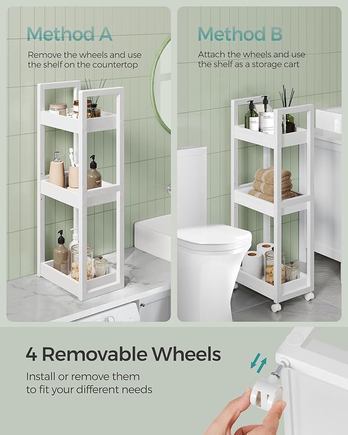 SONGMICS Bamboo Rolling Cart, 3-Tier Utility Cart on Wheels, Slim Narrow Storage Shelf, Bamboo Shelves, Space-Saving, Multifunctional, for Bathroom, Kitchen, White UBCB083W01