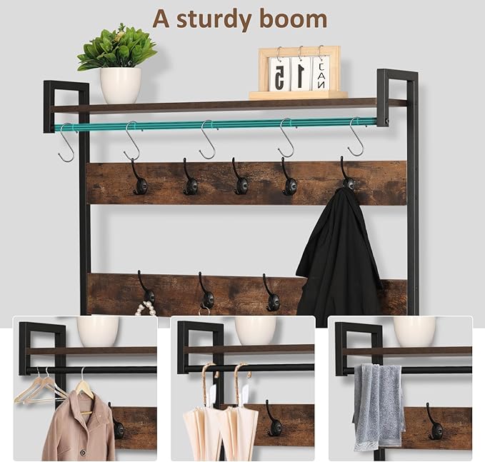 Corner Coat Rack, Corner Hall Tree with Bench and Shoe Storage, Industrial coat rack with storage and 14 Hooks for Entryway Hallway Bedroom (Hall Tree Entryway)