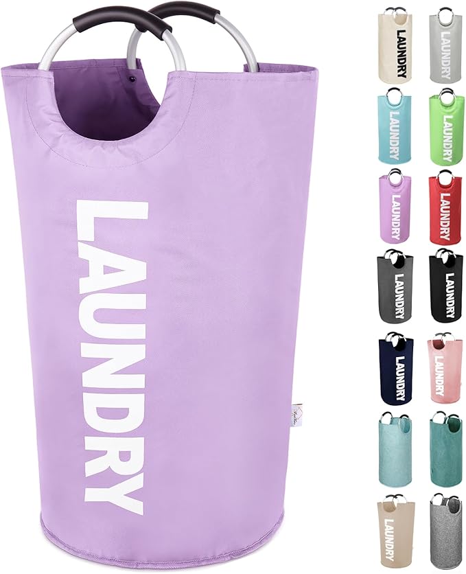 Laundry Basket Large Collapsible Clothes Hamper Bag with Handles – Foldable Freestanding Laundry Sorter for Dirty Clothes in College Dorm, Apartment, or Laundry Room – 95L (Purple)