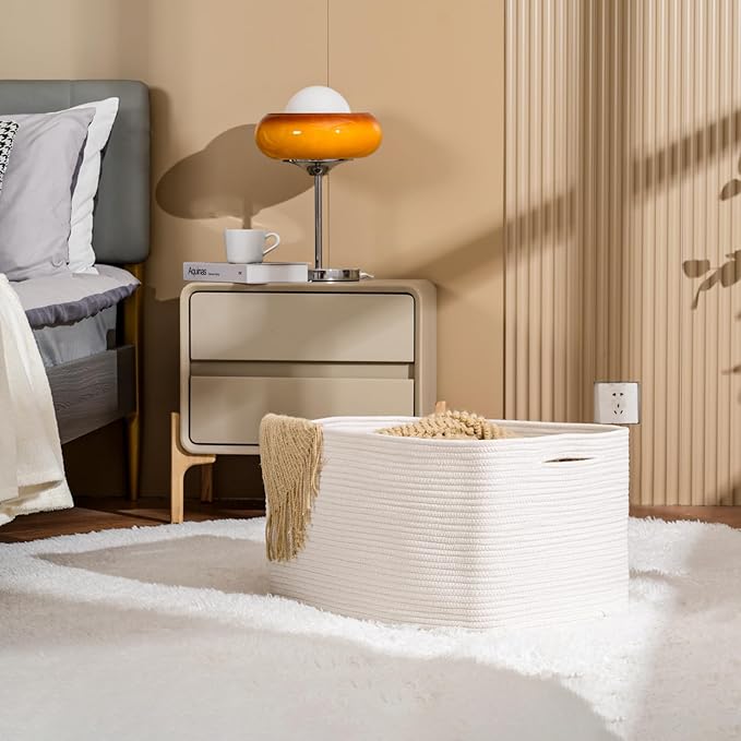 Large Rectangle Blanket Basket, Large Storage Basket, Cotton Rope Woven Baskets for Storage with Handles, Toy Baskets for Baby Nursery Living Room Bedroom, 22”x17”x12”, White, 75L