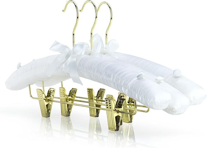 HANGERWORLD Pack of 5 White Satin Padded Hangers with Clips for Skirts, Pants & Sweaters with Non-Slip Buttons, Pretty Hanger for Women Clothing - 17 Inch