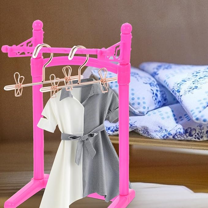 Luxshiny Mini Doll Clothes Hangers Set of 5 Metal Small Dress Hangers for Dollhouse Decor and Outfit Display Rose Gold Miniature Clothes Rack