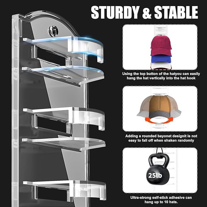 Hat Organizer for Baseball Caps on the Wall, Adhesive Hat Storage Rack, Ball Cap Hooks Display, Vertical Hat Hanger Holder for Door and Closet, Hold Up to 10 Hats, Clear, 1 Pack