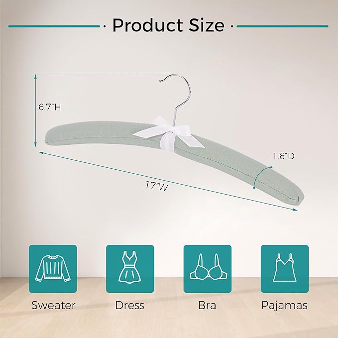 JS HANGER Padded Hangers - 17 Inch Extra Large Heavy Duty Fabric Covered Coat Hangers No Shoulder Bump for Women Clothes, Sweaters, Dresses, Clothing, Weddings, Lingerie Pack of 10, Mint Green