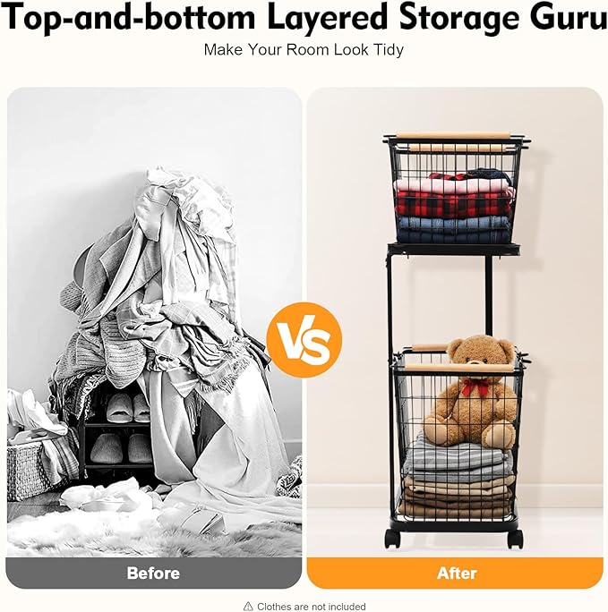 Laundry Basket, 2 Tiers Removable Laundry Baskets Cart Load Bearing Capacity of 88.18 lbs Metal Laundry Basket With 2 Removable Baskets and 4 Universal Wheels for Kitchens Bathrooms Bedrooms (Black)