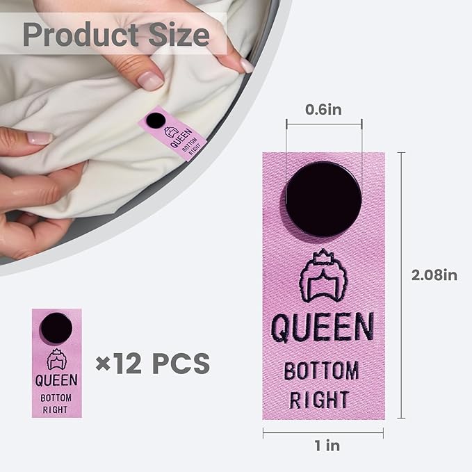SheetSnaps Queen Sheet Labels – 12-Pack Pink Snap-On Sheet Size Tags – Easy Bed-Making & Linen Closet Organization – Machine Washable Sheet Markers for Queen Bedding
