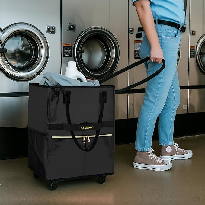 Reusable Grocery Bag on 5 Wheels, Foldable Rolling Tote Bag with Handle and Zipper Cover, 4 Pockets, Heavy Duty Shopping Cart for Laundry, Market & Trave (Black, Medium_67L)