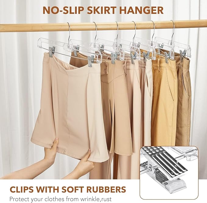 HOUSE DAY 120 Pack Clear Pants Hangers with Clips, Plastic Skirt Hangers for Women, 14 Inch Clip Hanger for Pants, Skirts, Jeans, Shorts, Legging, with 360-degree Swivel Hook, 2 Adjustable Clips