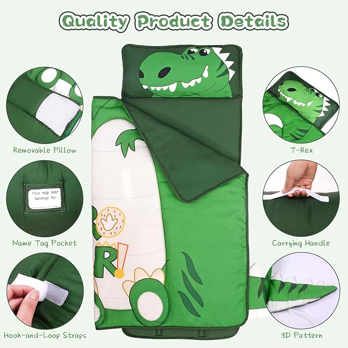 Dinosaur Toddler Nap Mat with Removable Pillow and Blanket Kids Sleeping Bag with Pillow Reinforced Stitching Machine-Washable, Soft Nap Mats for Daycare, Travel, Camping 53"x21"