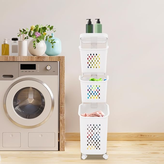 3 Tiers Rolling Laundry Hamper, White Plastic Laundry Basket Holder with Wheels, Vertical Laundry Hamper Sorter Cart, Rolling Clothes Hamper Organizer for Bathrooms Bedrooms
