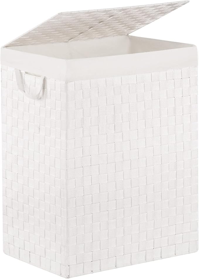 YOUDENOVA Handwoven Laundry Basket Hamper with Removable Bag and Lid, Collapsible Clothes Hamper with Handle, White